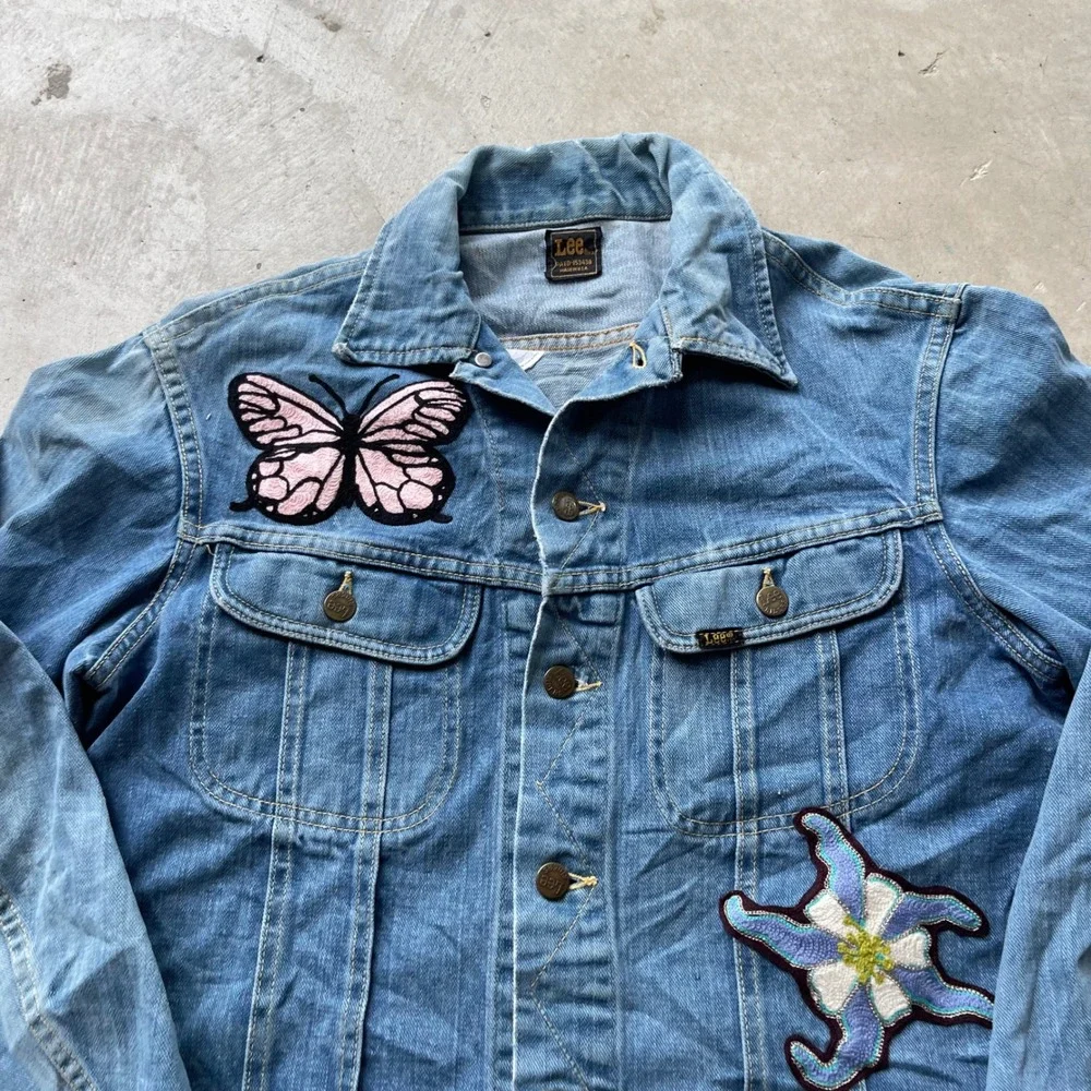 Vintage 70s Lee 101J Denim Jacket Chain Stitch Butterfly Embroidery Blue Mens